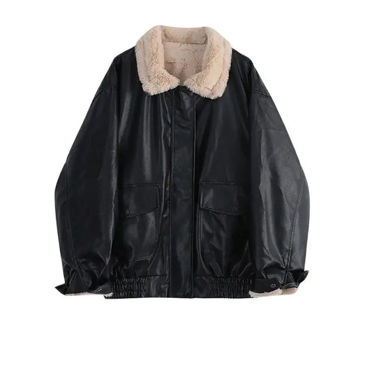 Autumn Winter American Vintage Women Oversize Faux Leather Jacket Y2k